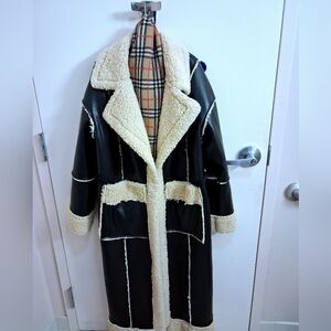 EXC Women's Black/Cream Sherpa Trim & Lined Vintage Look Maxi Aviator Long Coat